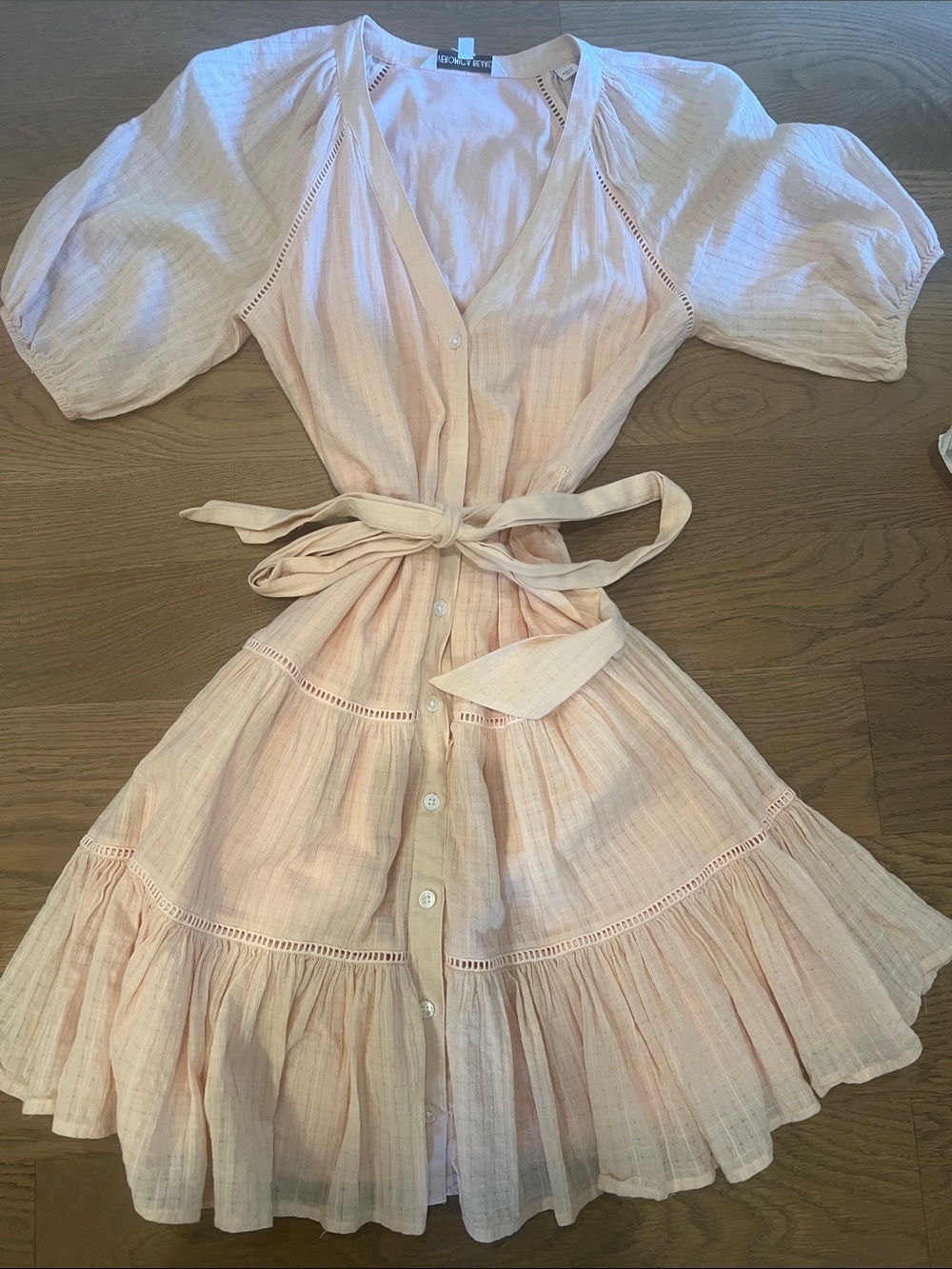 Veronica Beard Pale Pink Button-Front Cotton Dress with Tie Waist
